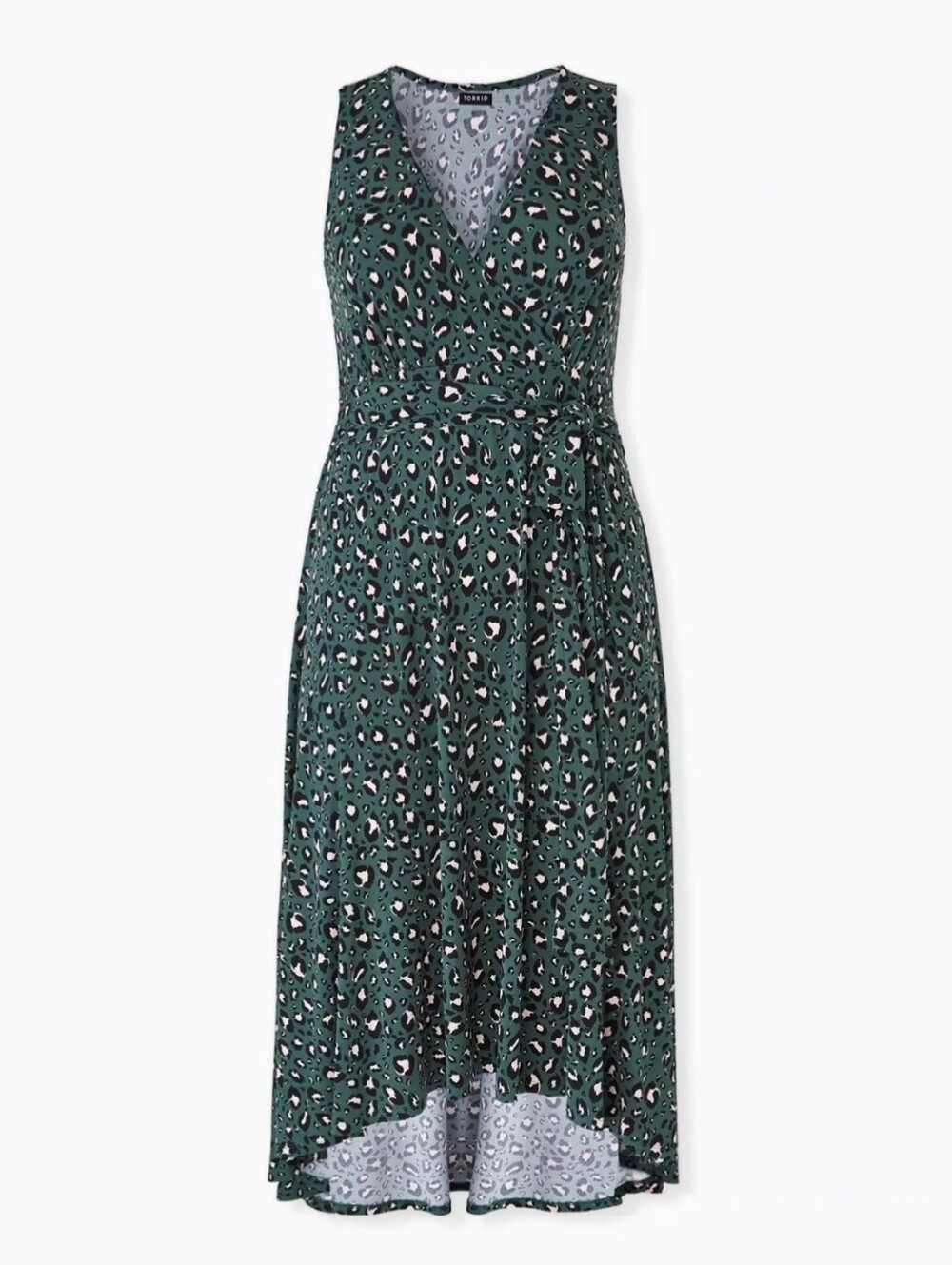 Torrid Midi Studio Knit Hi-Low Dress Womens Green Leopard Tie Front Surplice - Picture 3 of 12